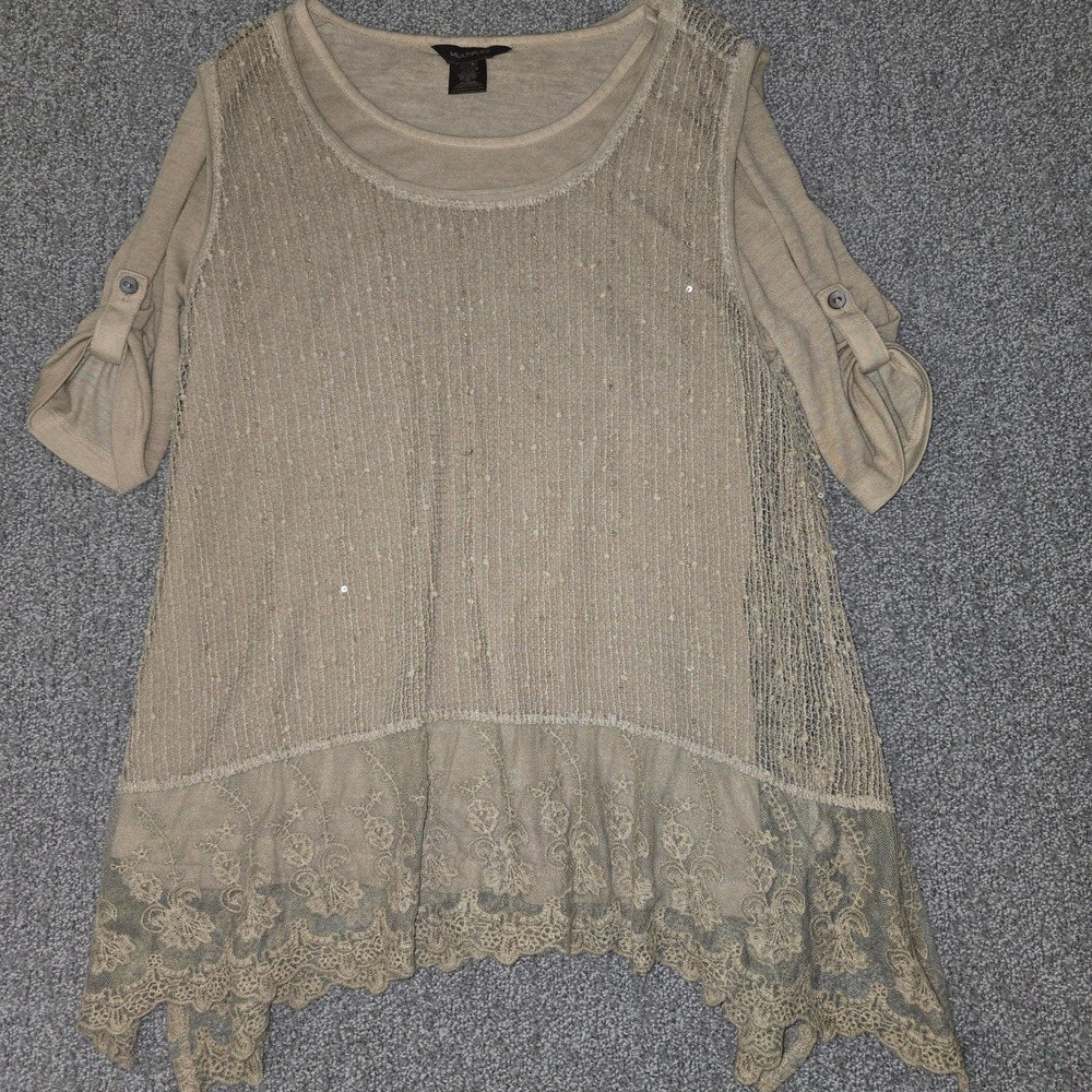 Multiples Beige Lace Hem Tunic Top PM Boho Lagenlook Cottagecore Artsy